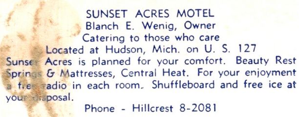 Sunset Acres Motel - Vintage Postcard